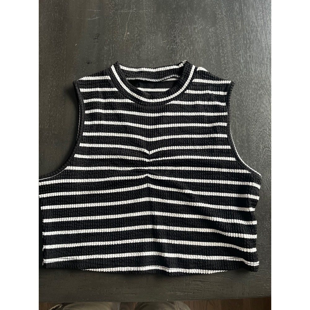 SHEIN Womens Black White Striped Smocked Ruched Crop Tank Size L Large Stretchy